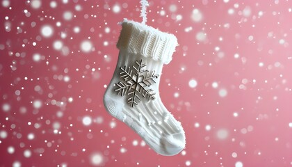 Decorative white stocking adorned with snowflakes on a playful pink backdrop featuring white polka dots