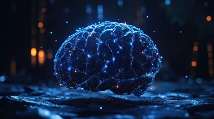 Poster - A futuristic model of a human brain, highlighting neural connections and creative thoughts with light effects.
