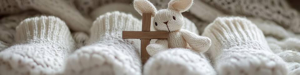 Wall Mural - concept of christening baby plush rabbit. Selective focus