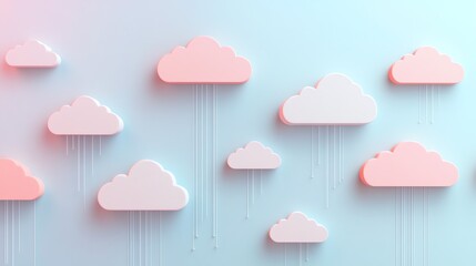 Poster - An abstract digital illustration of white cloud icons with glowing dots on a pink and blue background, representing a cloud computing concept.