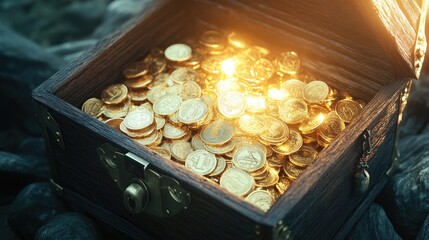 Treasure chest open, revealing gold coins and gems, with ample space for adding text, ideal for creative storytelling.