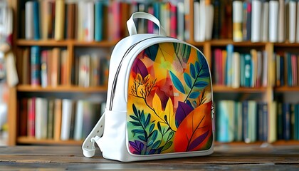 Colorful abstract design on a white backpack adorned with books and leaves