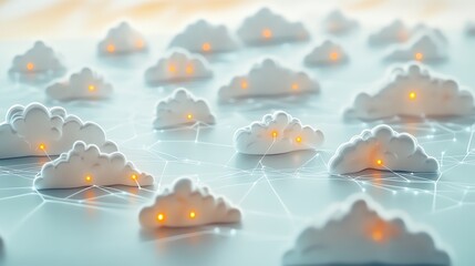 Wall Mural - White cloud icons with glowing dots on a network grid, representing a cloud computing concept.