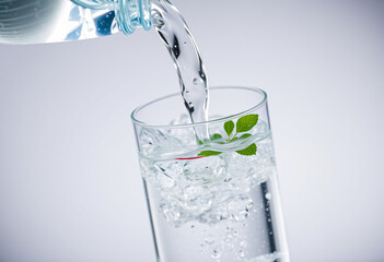 Refreshing Water Pouring into Glass with Ice and Mint