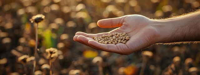 Sticker - close up of seeds in hand. Selective focus