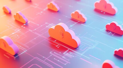 Poster - A digital illustration of cloud icons with glowing dots on a pink and orange background, representing a cloud computing concept.