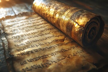 ancient hebrew scroll illuminated parchment with intricate calligraphy golden light reveals faded ink worn edges mystical symbols and prophetic text sepia tones textured background