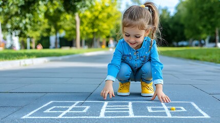 A little girl plays hopscotch with chalk on the pavement, her face lit with concentration and joy.