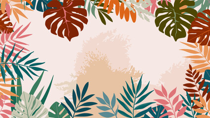 Wall Mural - Abstract watercolor art background with tropical leaves frame. Banner, border, cover with multicolor exotic plants. Vector flat illustration.