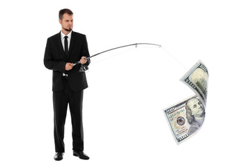 Businessman catching dollar banknote with fishing rod on white background. Money chase, business success concepts