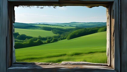 Scenic countryside vista framed by a weathered window showcasing lush greenery and distant trees