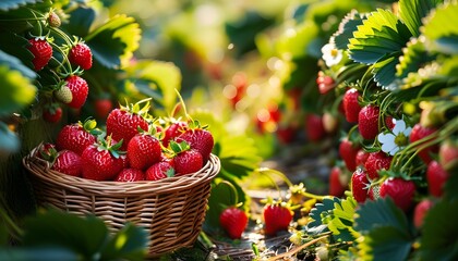 Wall Mural - Lush garden scene with a wicker basket brimming with ripe strawberries illuminated by warm sunlight filtering through leaves