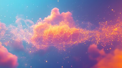Poster - Abstract glowing network of lines and dots over a pink and orange cloudy background.