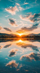 Wall Mural - Golden Sunset Reflected in Still Lake Water.