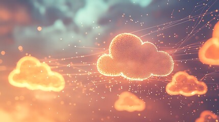 Poster - A digital illustration of cloud icons with glowing dots on a pink and orange background, representing a cloud computing concept.