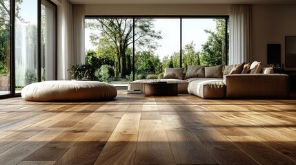 Modern living room with large windows and wooden floor, featuring a comfortable sofa and a bean bag chair.