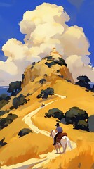 Wall Mural - A lone rider travels a winding path to a village atop a hill.