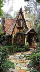 Poster - Enchanting Stone Cottage in a Lush Garden Setting.