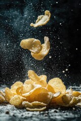 Poster - making potato chips. Selective focus