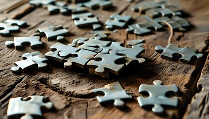 Rustic wooden table showcasing a partially assembled metal jigsaw puzzle with scattered pieces amidst a weathered charm.