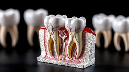 Wall Mural - An anatomical model of human teeth reveals the visible pulp, nerves, and blood vessels, offering a clear view of dental structure.