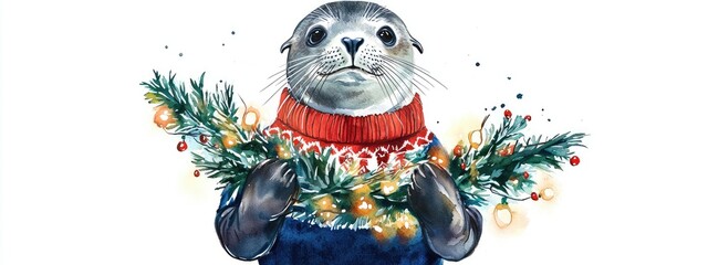 seal with a Christmas tree on a white background. Selective focus