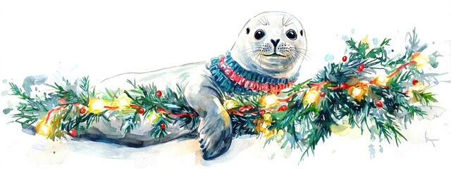 seal with a Christmas tree on a white background. Selective focus