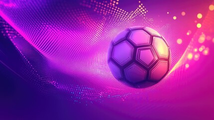 Poster - A glowing soccer ball on a vibrant purple and pink background with dots, dynamic lines, and geometric shapes creating a modern sports vibe.