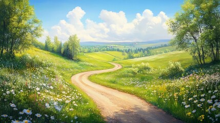 Canvas Print - A delightful summer background depicting a tranquil countryside with a winding dirt road, green fields, and wildflowers. 