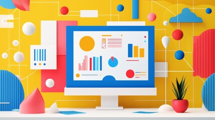 Poster - abstract yellow background with computer screen and geometric shapes