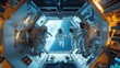 © Pricha.RT - A group of astronauts working inside a high-tech space station, demonstrating teamwork and technological innovation.