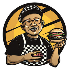 Burger food restaurant logo icon mascot with man and glasses cartoon illustration style