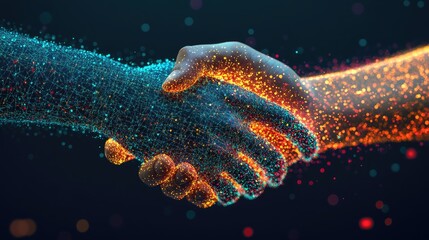 Poster - A handshake with digital data flowing between hands, symbolizing creative partnerships and business deals.