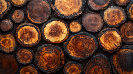 Poster - Close-up view of stacked tree trunk cross-sections showcasing natural wood texture and growth rings, ideal for nature, forest, or rustic themes.
