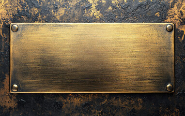 A rectangular metallic plaque with a textured, aged surface and rivets at the corners, set against a dark, rugged background.