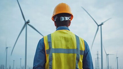 Wall Mural - renewable energy wind turbine with close-up of wind turbine blade inspection, technician in safety g