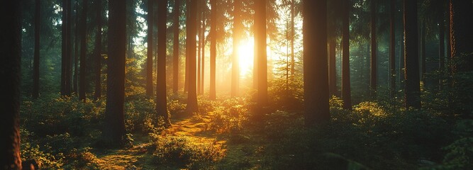  Sunlight filtering through trees along a forest path during golden hour in a tranquil woodland setting