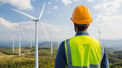 Wall Mural - renewable energy wind turbine with engineers performing ground-level inspection of wind turbines, la