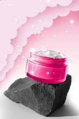 Sticker - Poster or flyer design with jar of cosmetic cream on pink background