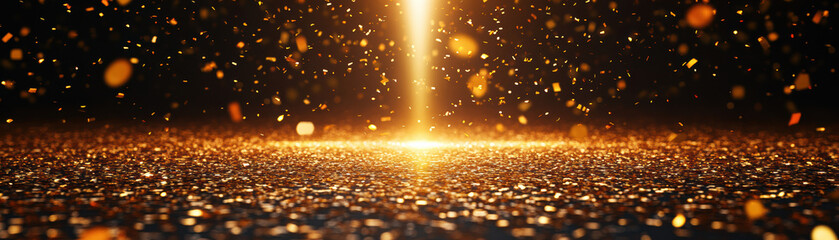 Poster - Abstract gold particles suspended in mid-air, illuminated by bright light, creating a magical and festive atmosphere.
