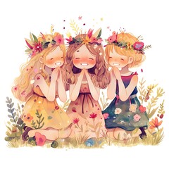 Poster - Three Girls Sharing a Secret in a Flowery Meadow.