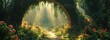 © Terablete - A magical forest pathway bathed in golden sunlight with vibrant flowers blooming in the early morning hours