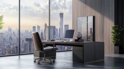 Wall Mural - A large desk and a comfortable office chair in a stylish, modern workspace with a panoramic city view.