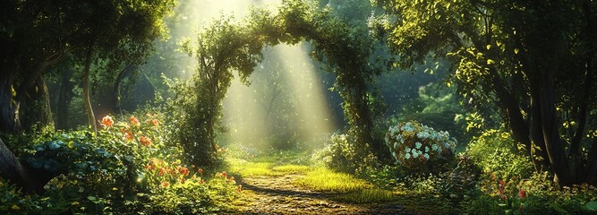 Wall Mural - A magical forest pathway bathed in golden sunlight with vibrant flowers blooming in the early morning hours