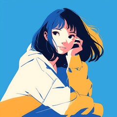 Poster - Anime Style Woman with Blue and Yellow Clothing, Digital Illustration.