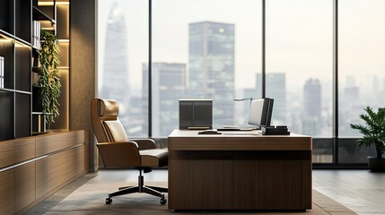 Poster - A large office desk with an executive chair in a contemporary workspace featuring clean lines and organized decor.