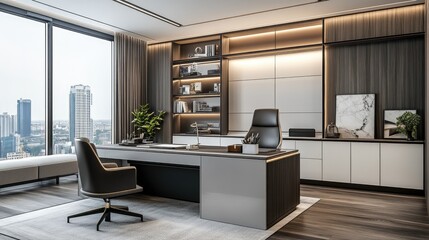 Poster - A large office desk with an executive chair in a contemporary workspace featuring clean lines and organized decor.