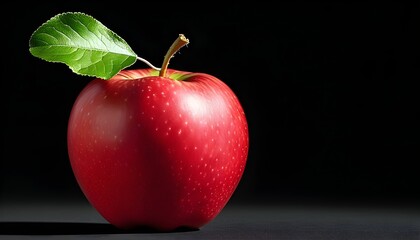 Vibrant red apple with green leaf, showcasing smooth glossy skin against a stark black backdrop, featuring a gentle shadow beneath.