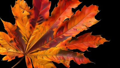 Wall Mural - Vibrant autumn leaf displaying shades of orange, red, and yellow against a striking black backdrop