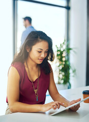 Canvas Print - Business woman, tablet and online in office for social media, project administration and networking. Digital agency, tech and research in workplace for UX, web design and mobile app development